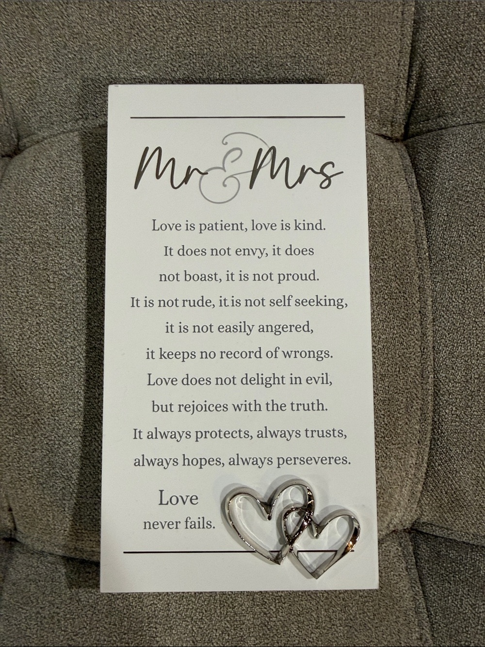 Mr & Mrs Love Quote Wall Plaque with Silver Interlocking Hearts